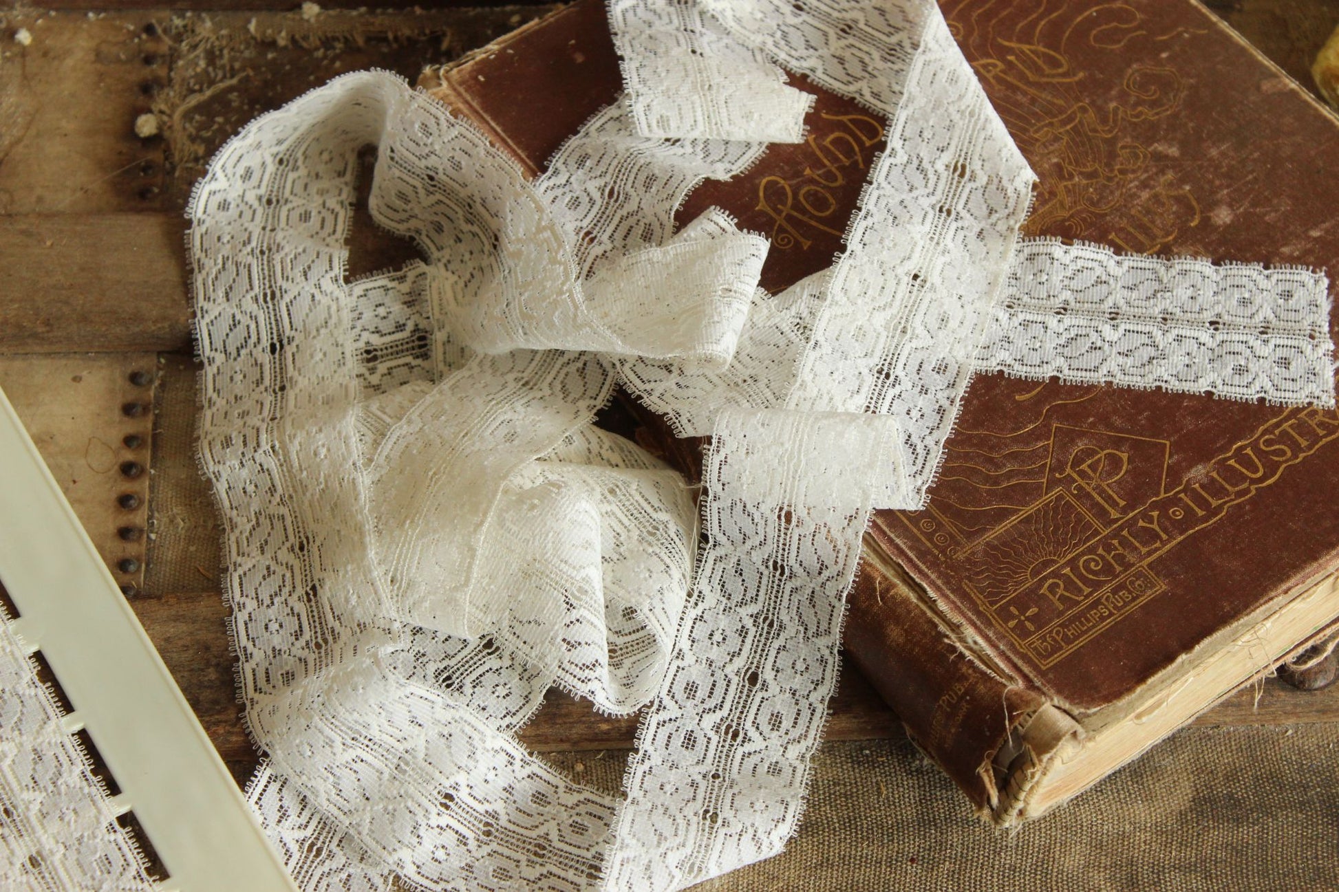 Vintage White Stretch Lace Trim, 3 yards,  1 and 7/8" wide