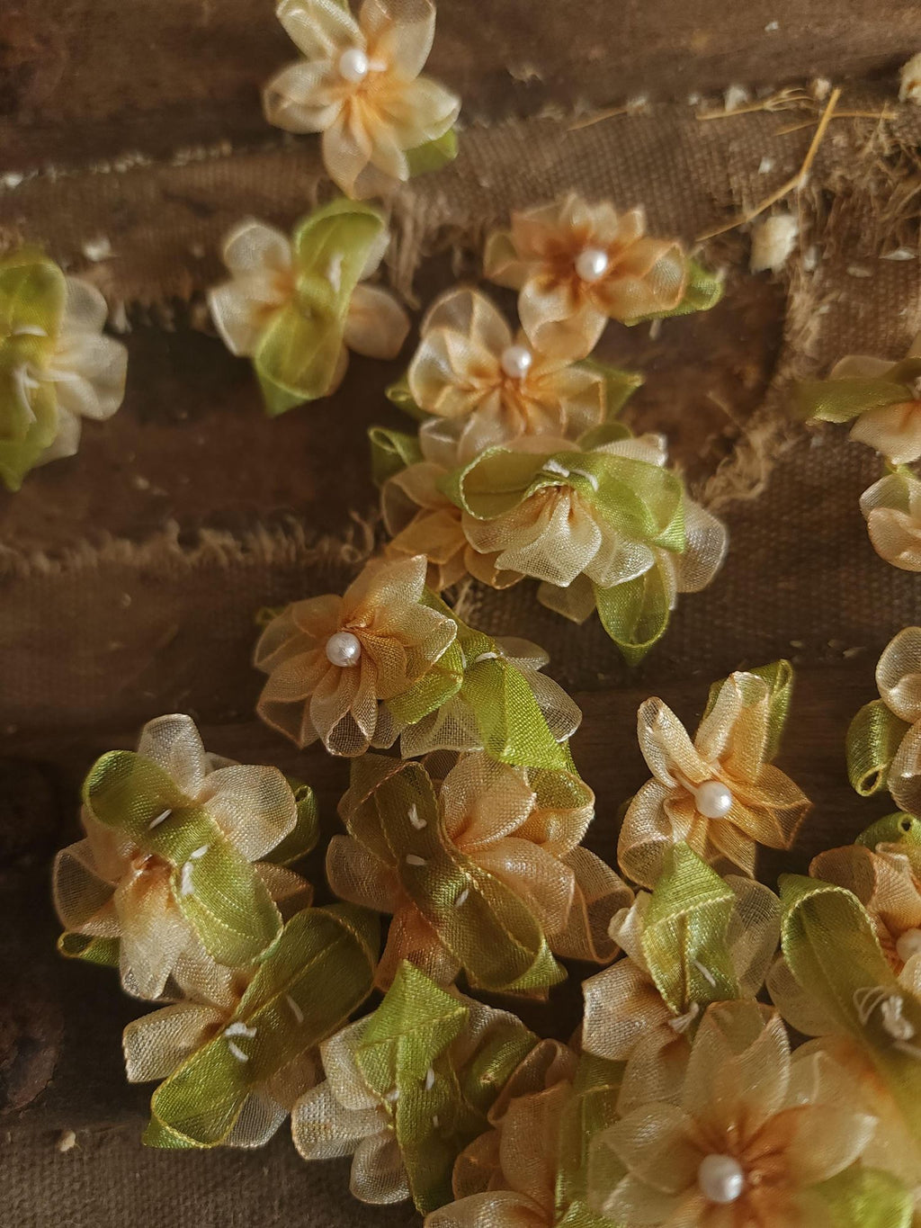 Mini Organza Ribbon Flower Appliques, Peach and Green One Dozen ( 12), 1" Diameter,  Millinery