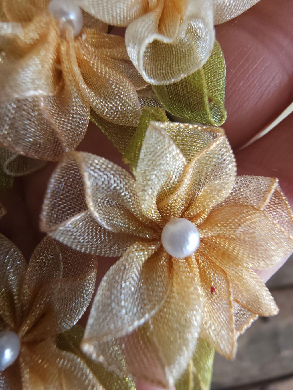 Mini Organza Ribbon Flower Appliques, Peach and Green One Dozen ( 12), 1" Diameter,  Millinery