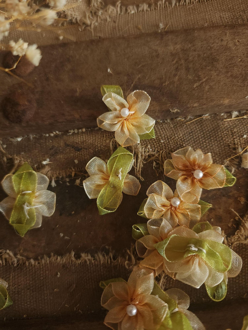 Mini Organza Ribbon Flower Appliques, Peach and Green One Dozen ( 12), 1" Diameter,  Millinery