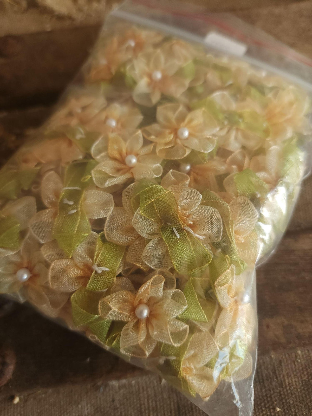 Mini Organza Ribbon Flower Appliques, Peach and Green One Dozen ( 12), 1" Diameter,  Millinery