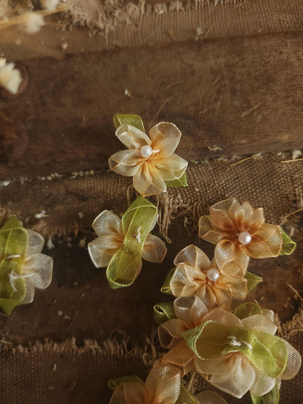 Mini Organza Ribbon Flower Appliques, Peach and Green One Dozen ( 12), 1" Diameter,  Millinery