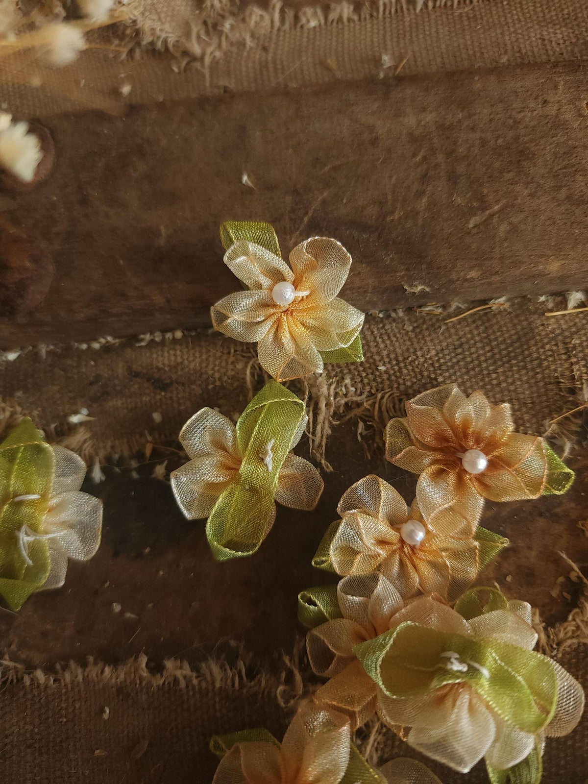 Mini Organza Ribbon Flower Appliques, Peach and Green One Dozen ( 12), 1" Diameter,  Millinery