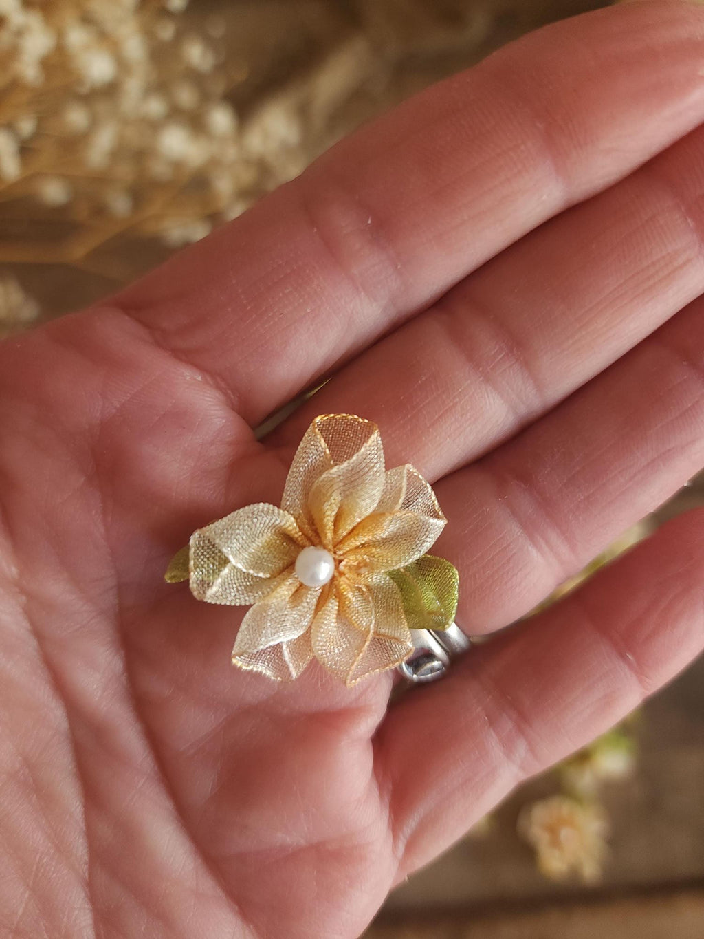 Mini Organza Ribbon Flower Appliques, Peach and Green One Dozen ( 12), 1" Diameter,  Millinery