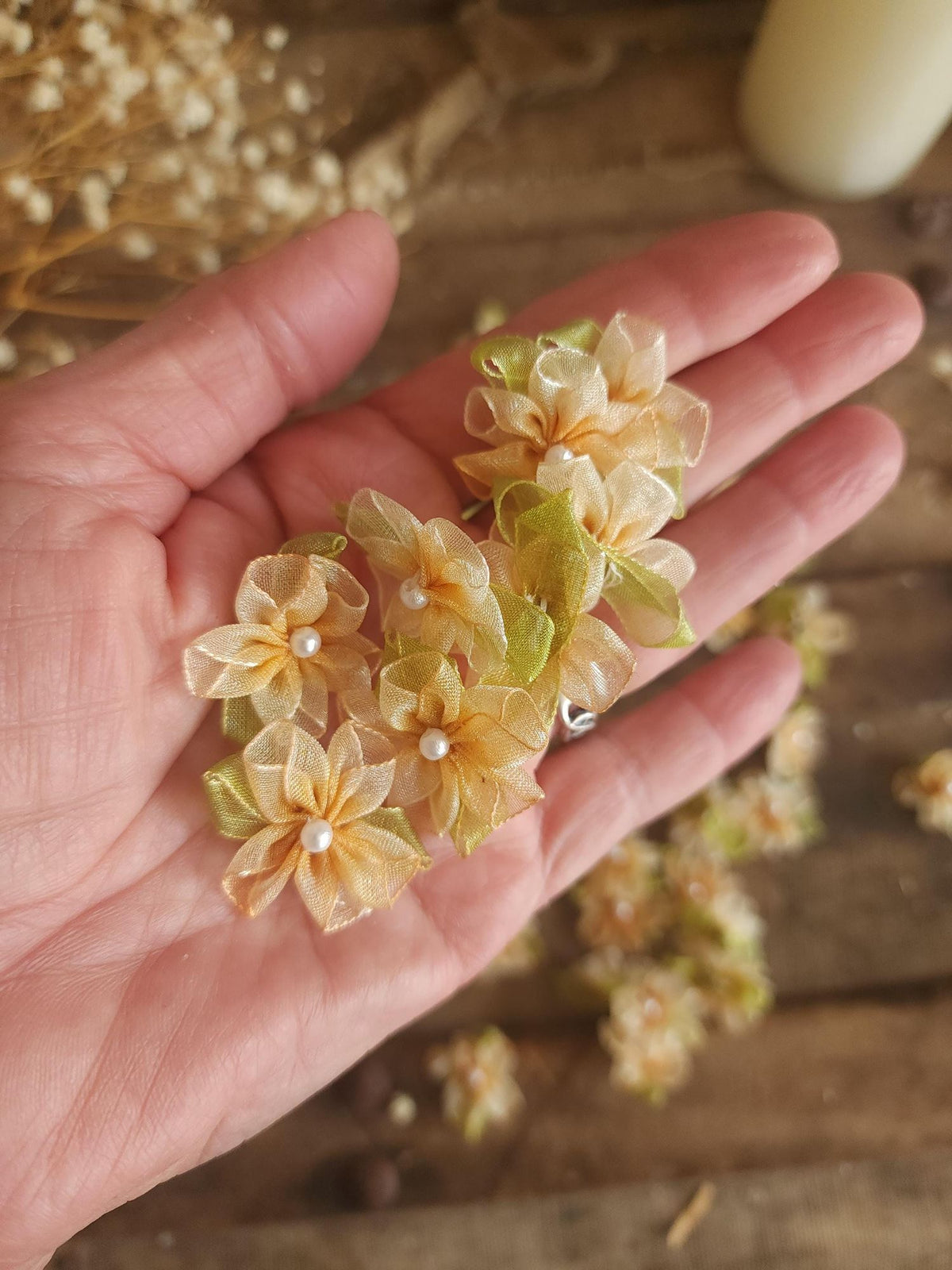Mini Organza Ribbon Flower Appliques, Peach and Green One Dozen ( 12), 1" Diameter,  Millinery
