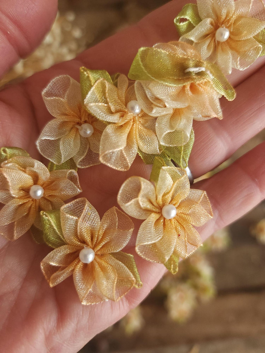 Mini Organza Ribbon Flower Appliques, Peach and Green One Dozen ( 12), 1" Diameter,  Millinery