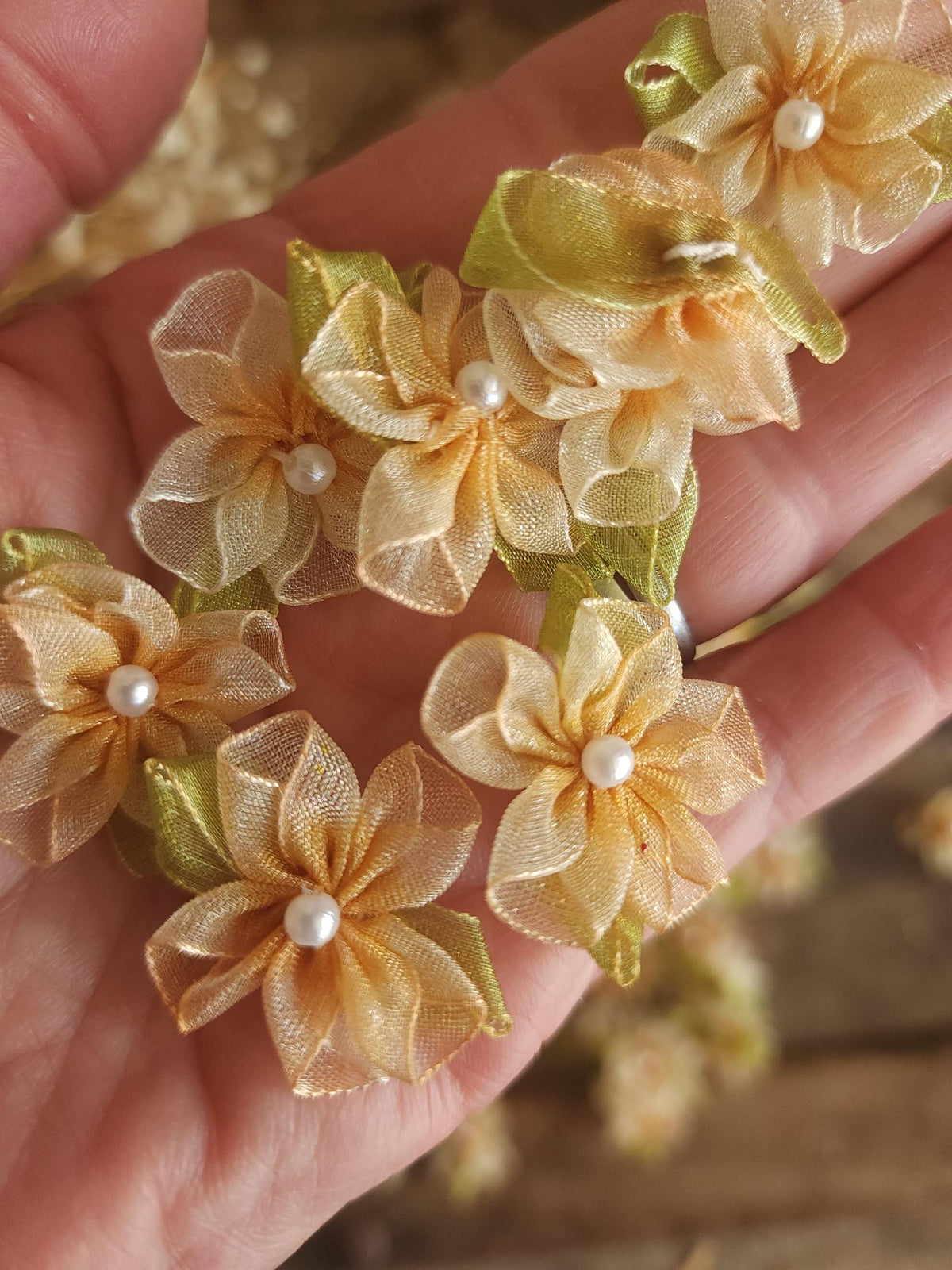 Mini Organza Ribbon Flower Appliques, Peach and Green One Dozen ( 12), 1" Diameter,  Millinery