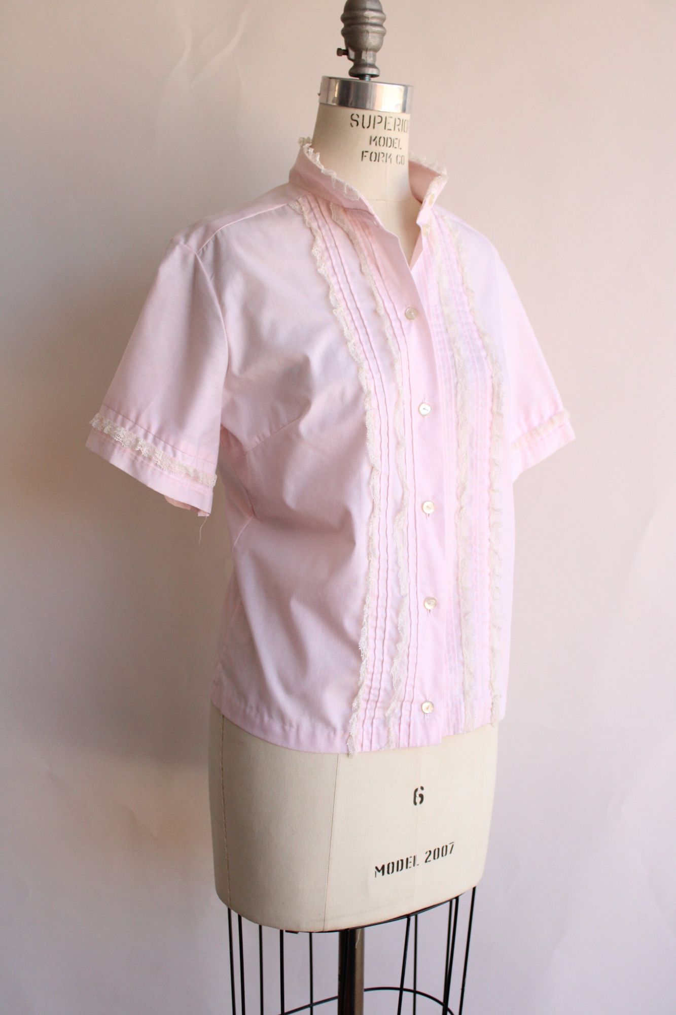 Vintage 1960s Pink Cotton Tuxedo Front Blouse