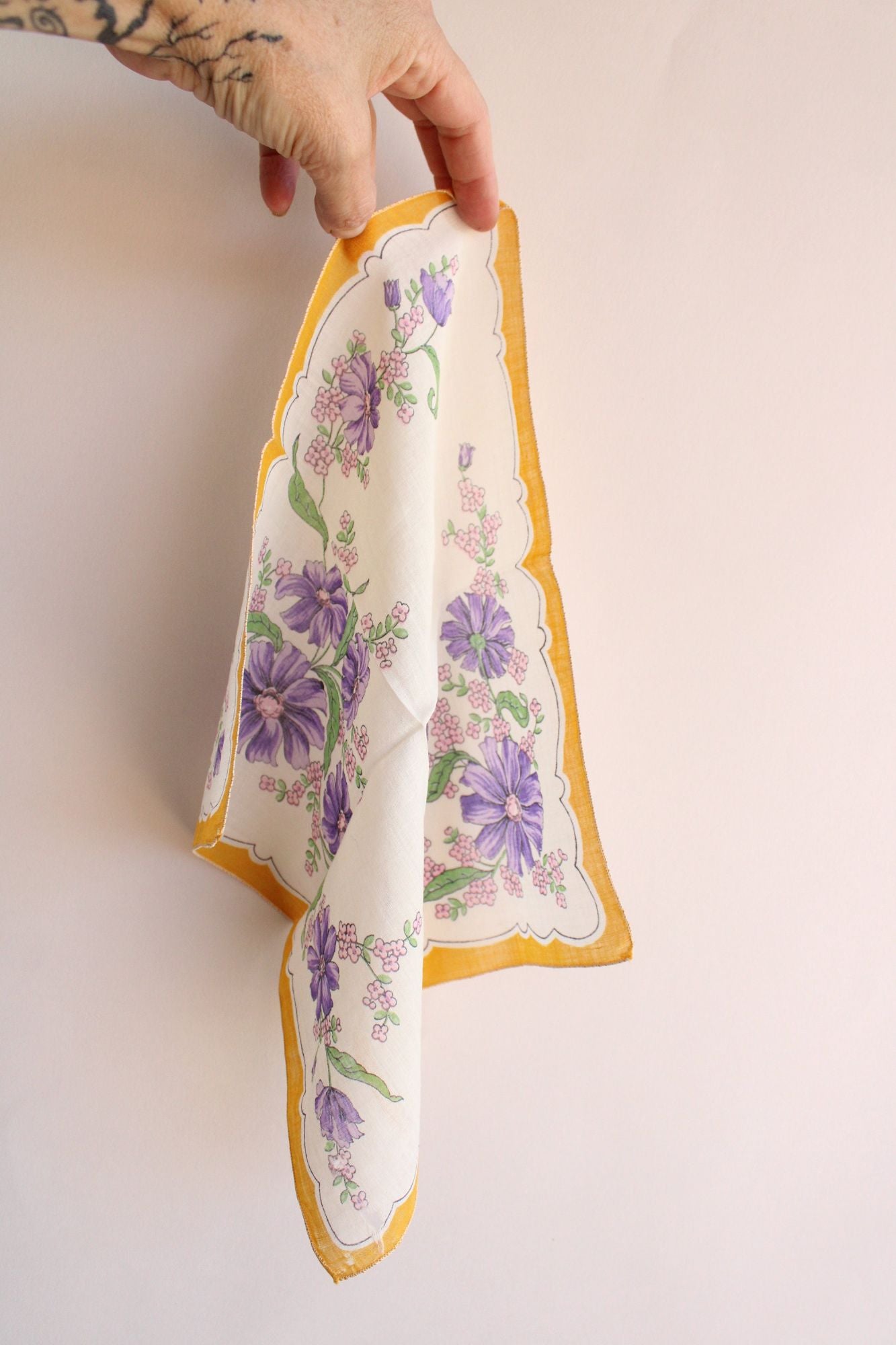 Vintage 1940s 1950s Cotton Handkerchief, Purple with Yellow Floral Print