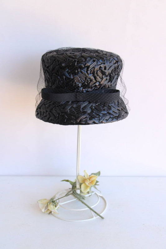 Vintage 1960s Original by Dayne Black Straw Bucket Hat With Veil