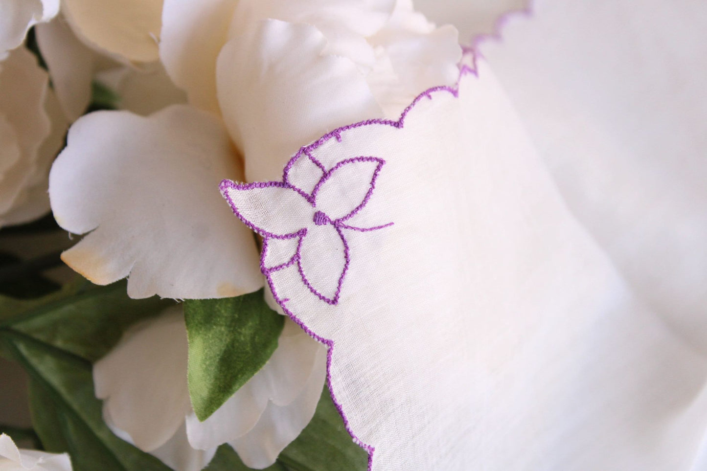 Vintage Purple Flower Embroidery on White Cotton Hanky