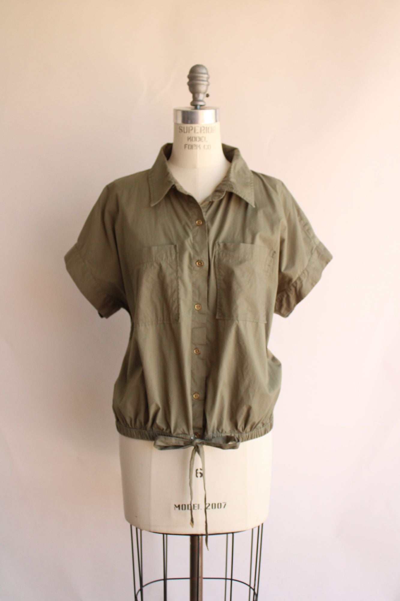 Michael Kors Womens Shirt, Size XL, Khaki Green Crop Top with Drawstring Waist