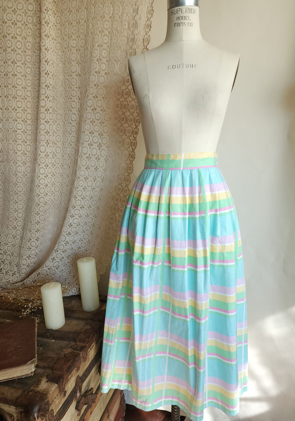 Vintage 1980s Pastel Windowpane Check Skirt With Pockets