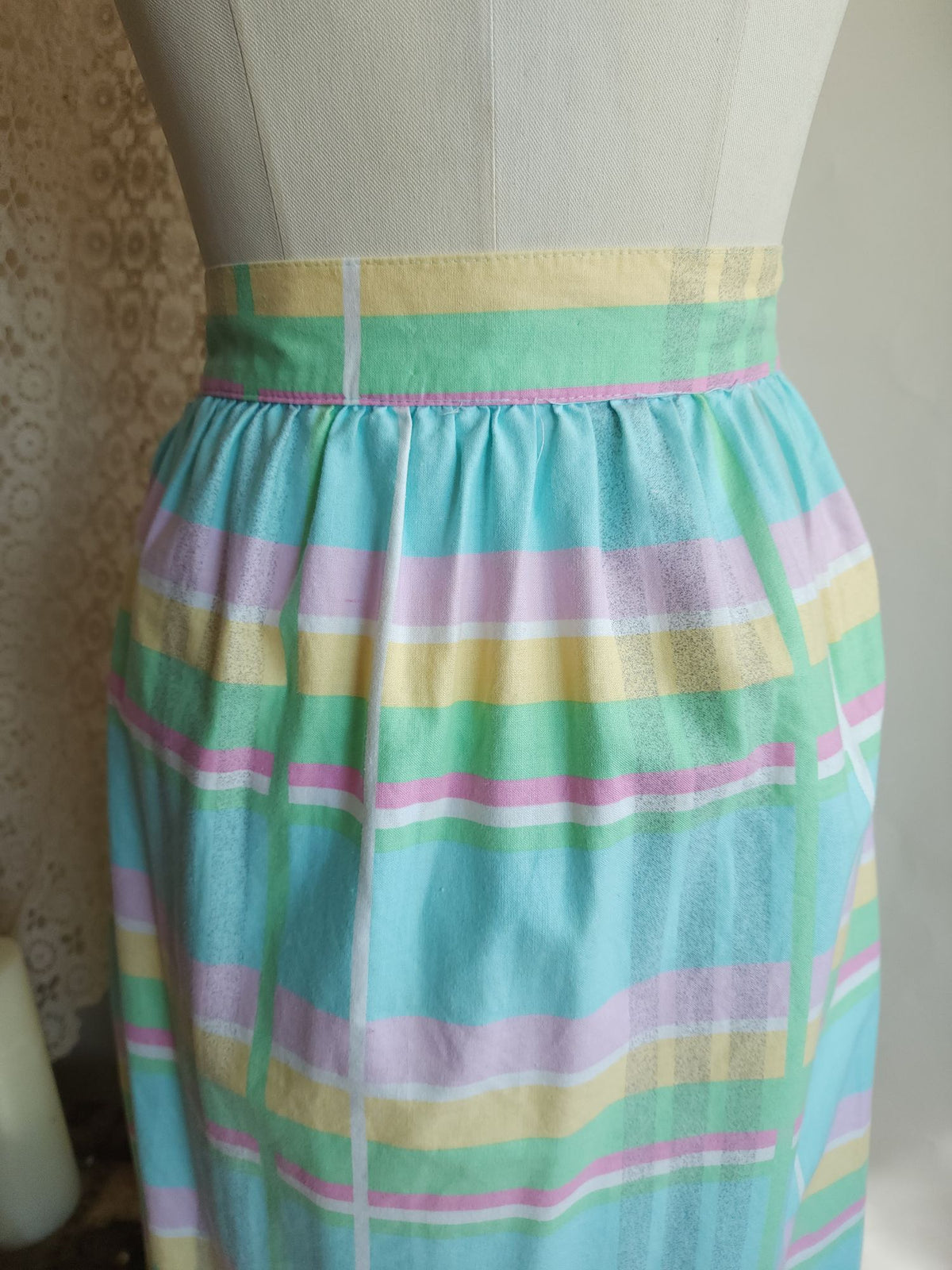 Vintage 1980s Pastel Windowpane Check Skirt With Pockets