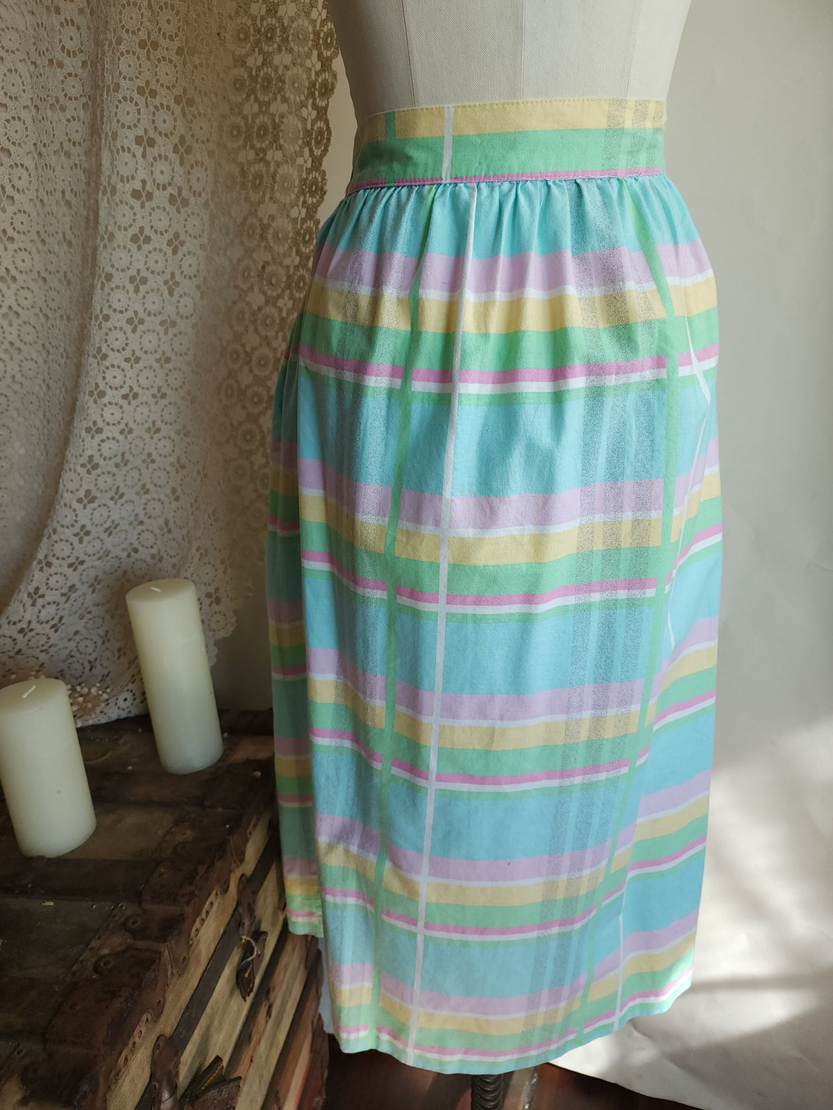 Vintage 1980s Pastel Windowpane Check Skirt With Pockets