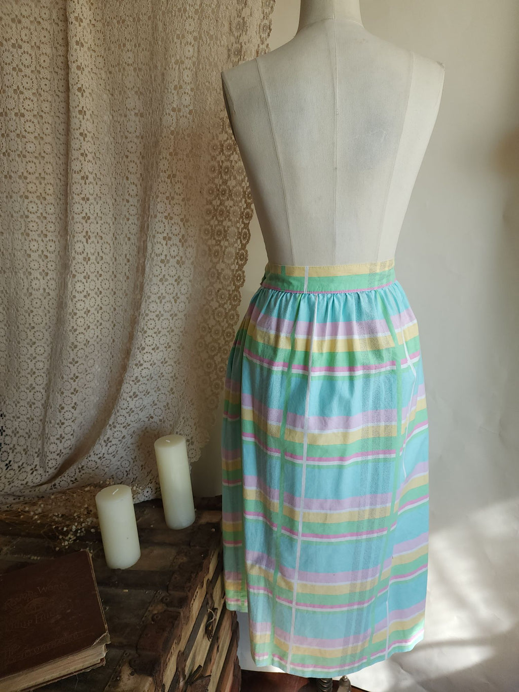 Vintage 1980s Pastel Windowpane Check Skirt With Pockets