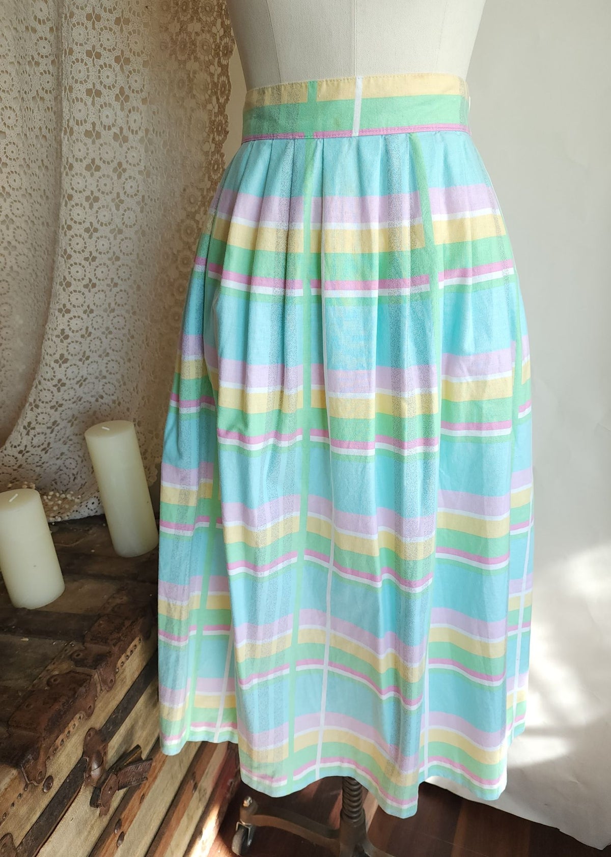 Vintage 1980s Pastel Windowpane Check Skirt With Pockets