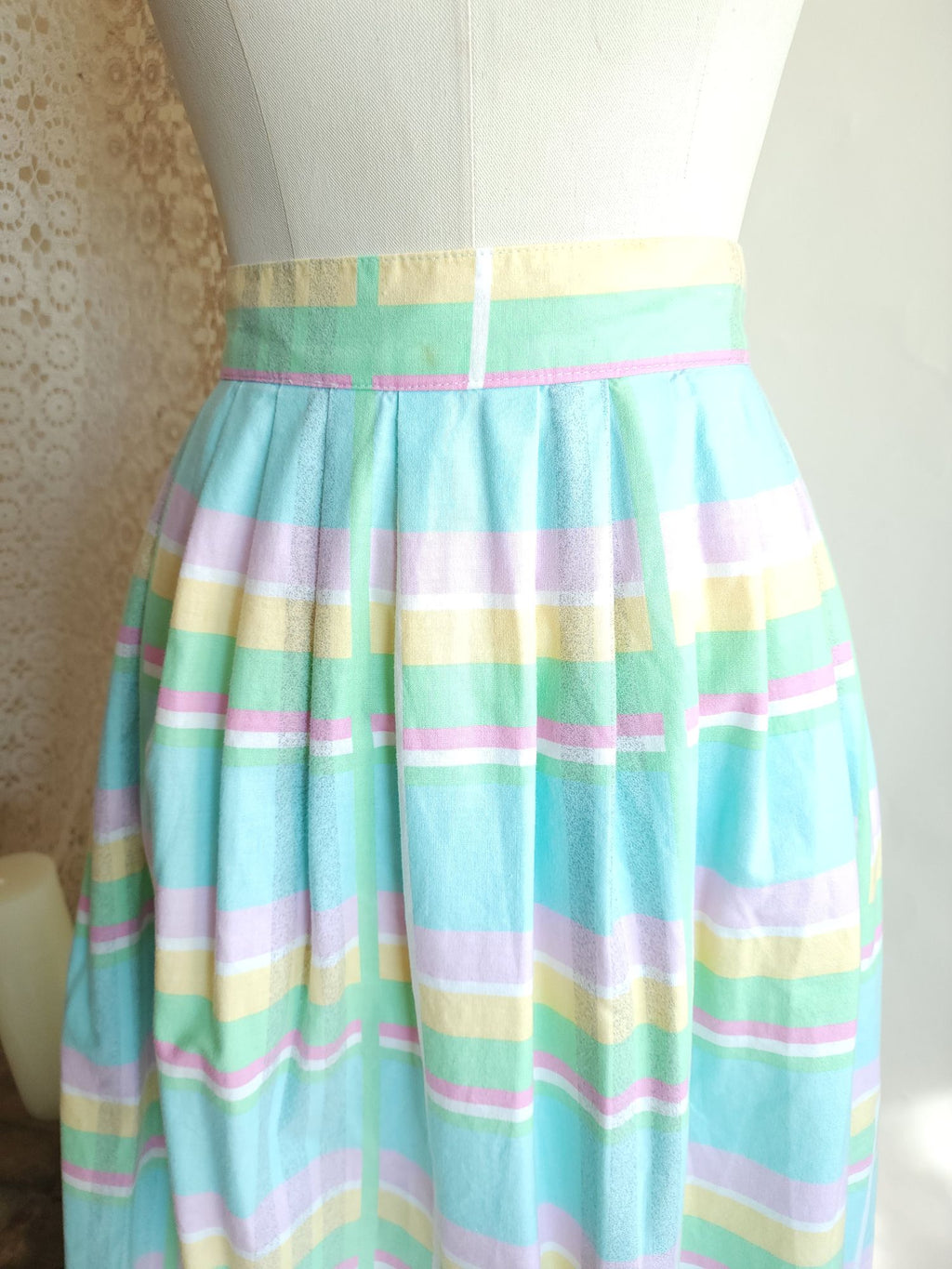 Vintage 1980s Pastel Windowpane Check Skirt With Pockets