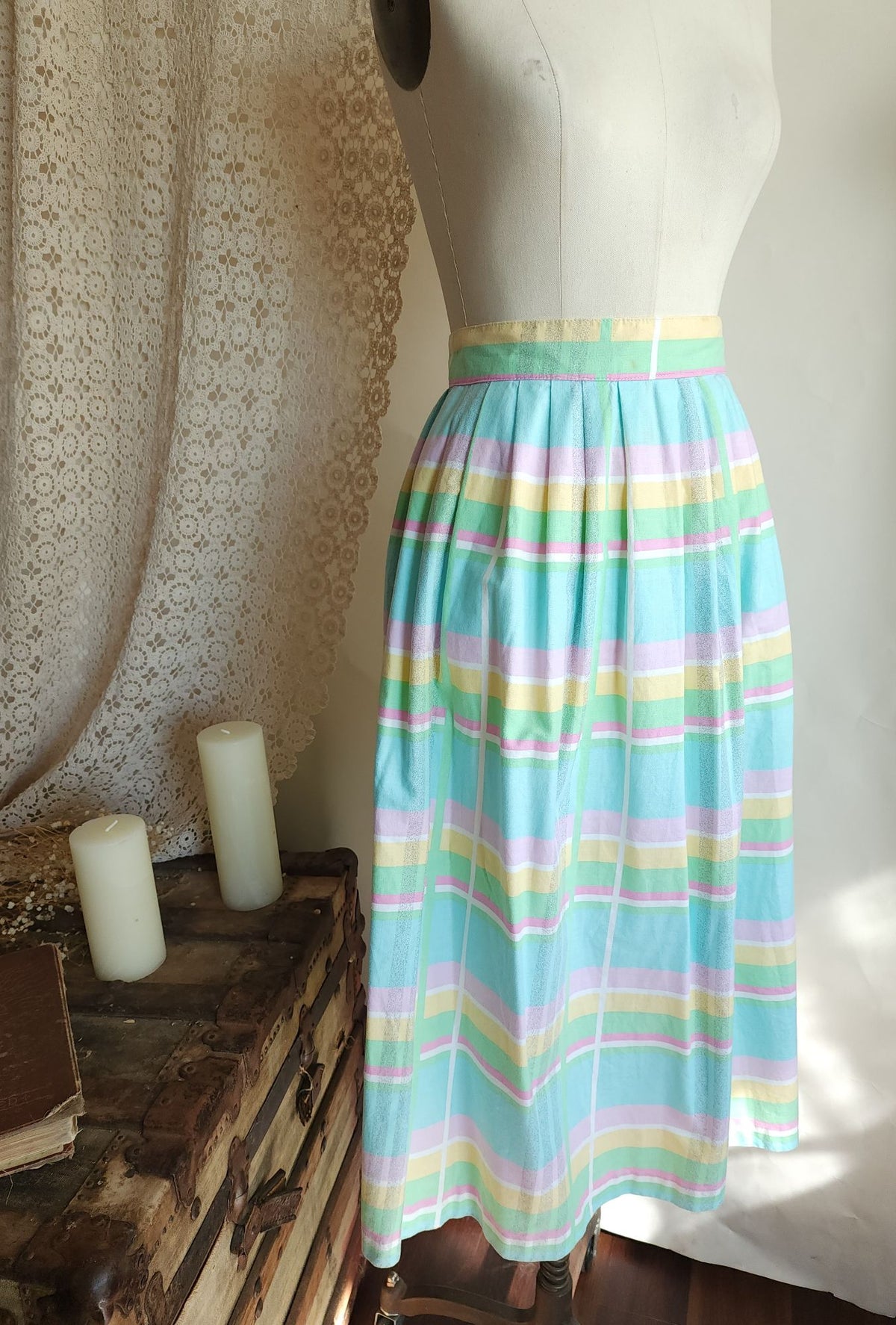 Vintage 1980s Pastel Windowpane Check Skirt With Pockets