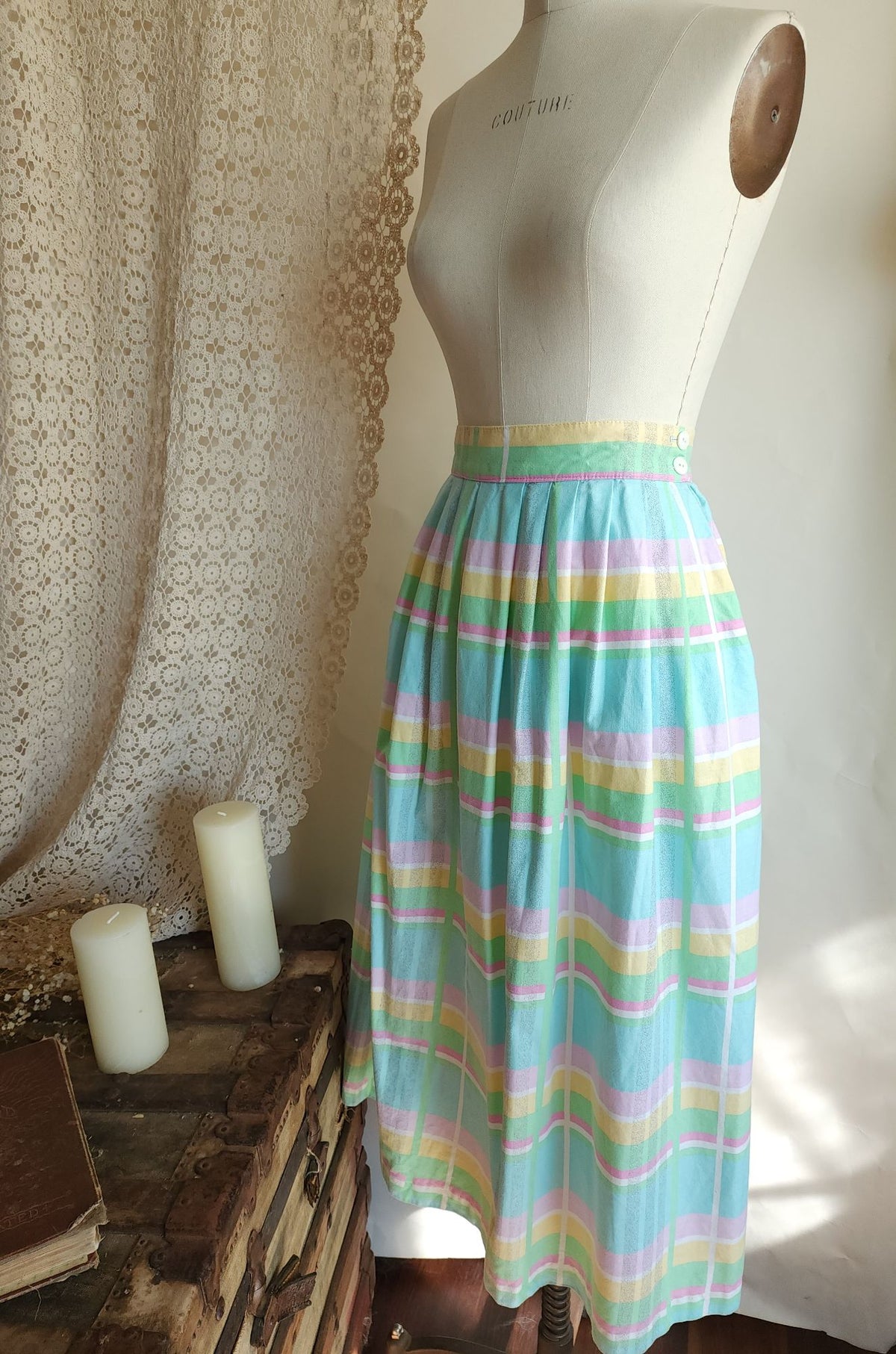 Vintage 1980s Pastel Windowpane Check Skirt With Pockets