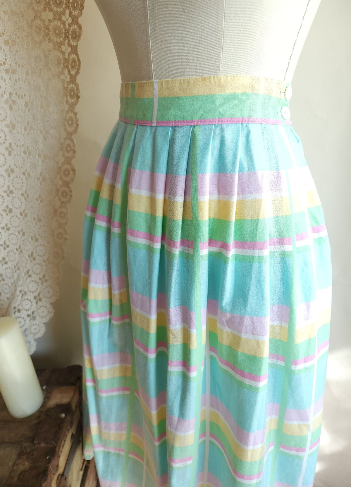 Vintage 1980s Pastel Windowpane Check Skirt With Pockets