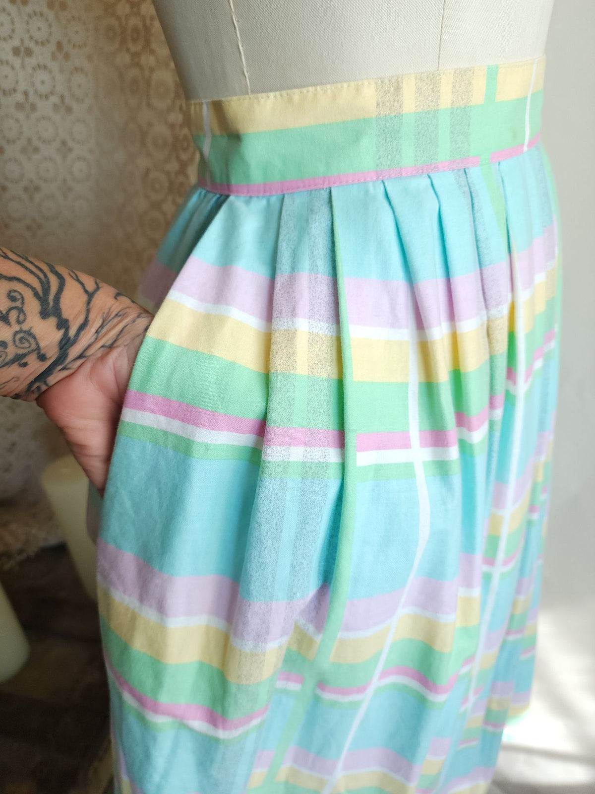 Vintage 1980s Pastel Windowpane Check Skirt With Pockets