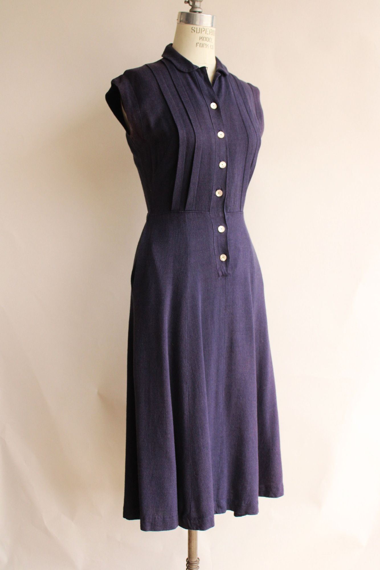 Vintage 1940s 1950s Navy Blue Shirtwaist Dress with Pockets