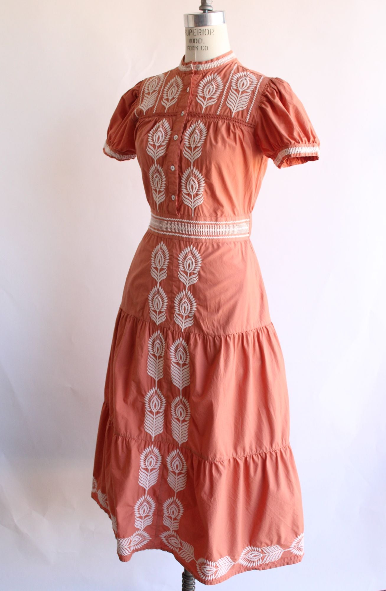 Bohme Womens Dress, Size XS Pockets Orange Embroidered Cottage Core Peasant