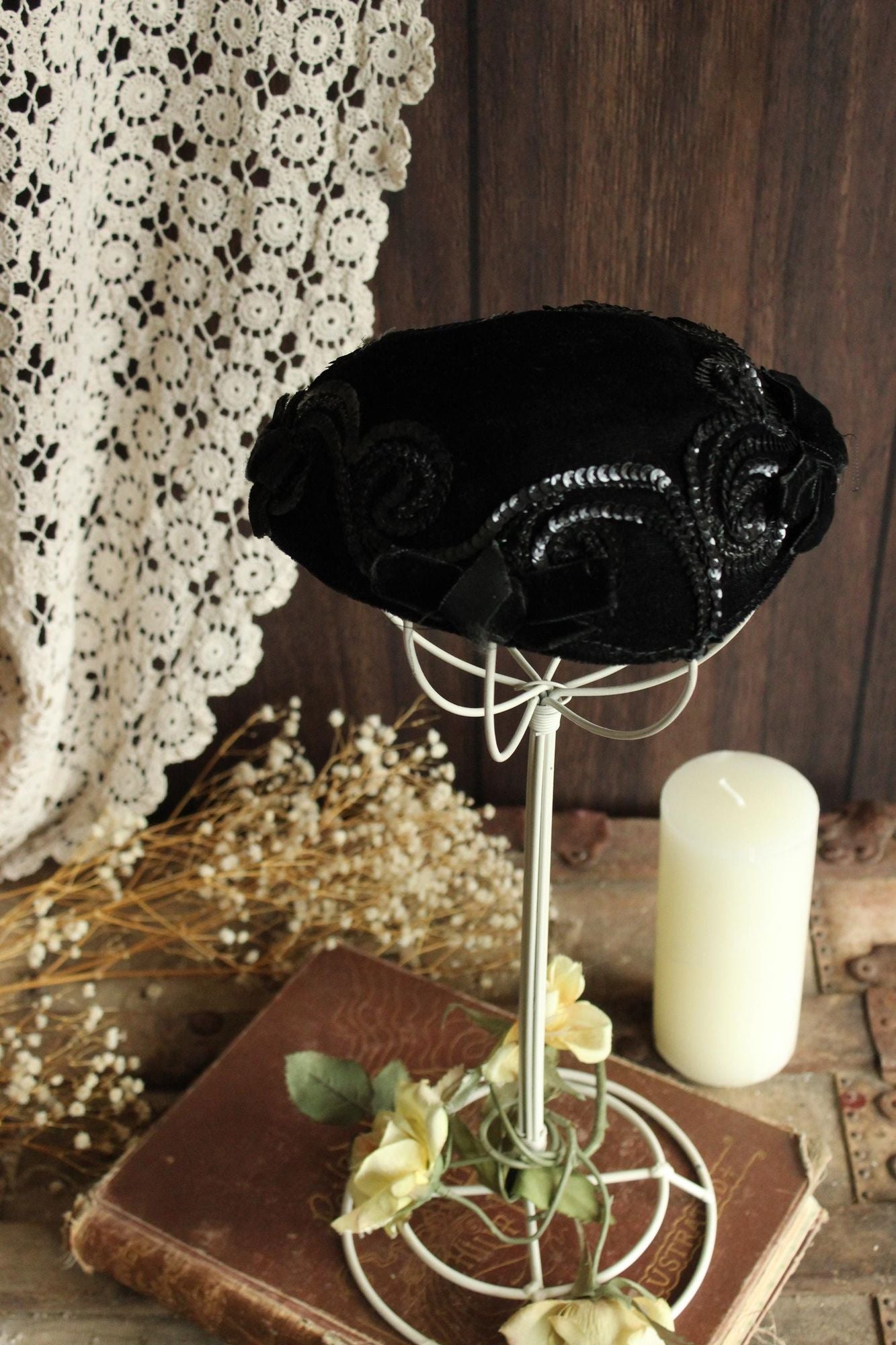 Vintage 1950s Hat, Black Velvet Hat With Bows and Sequins, Millinery