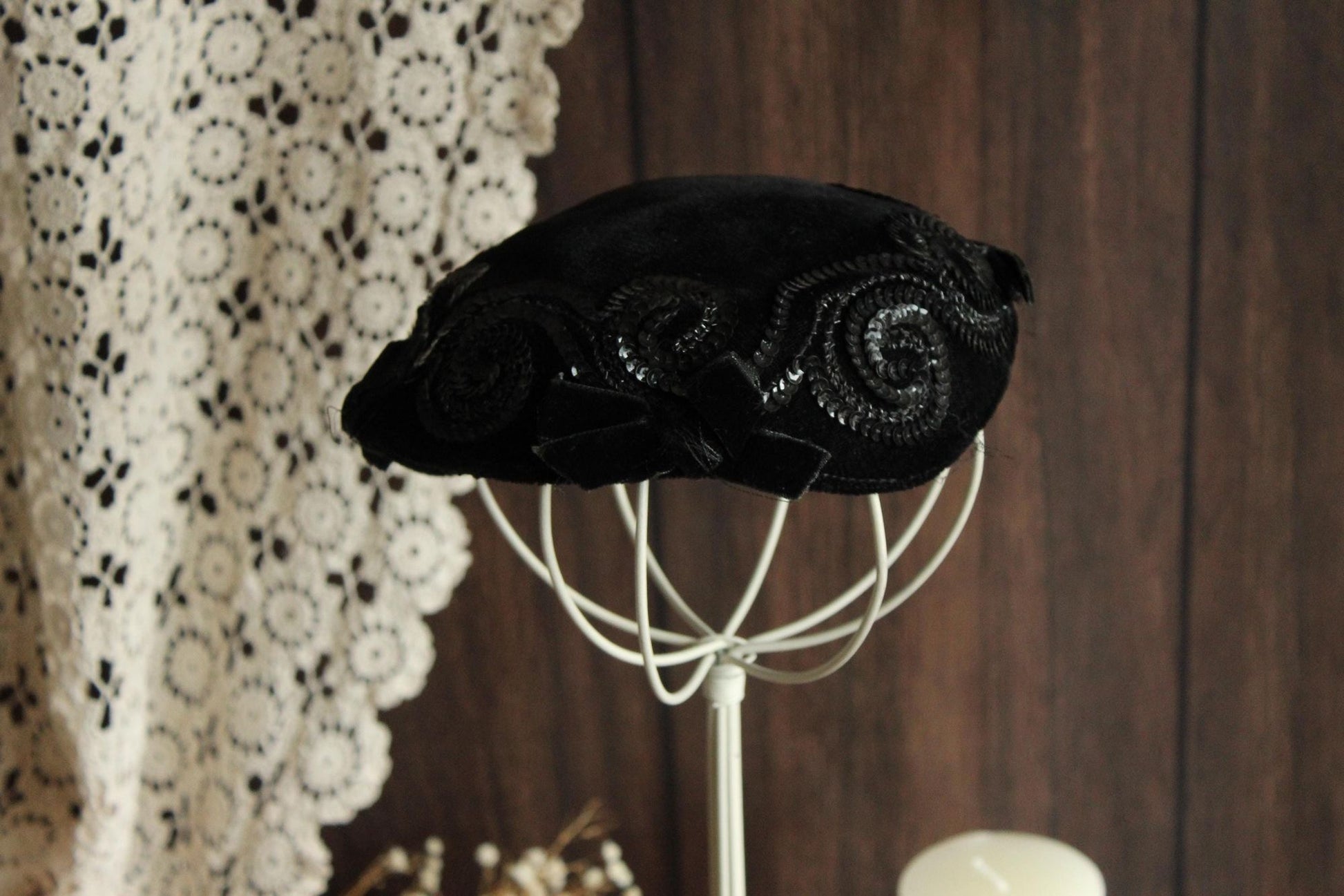 Vintage 1950s Hat, Black Velvet Hat With Bows and Sequins, Millinery