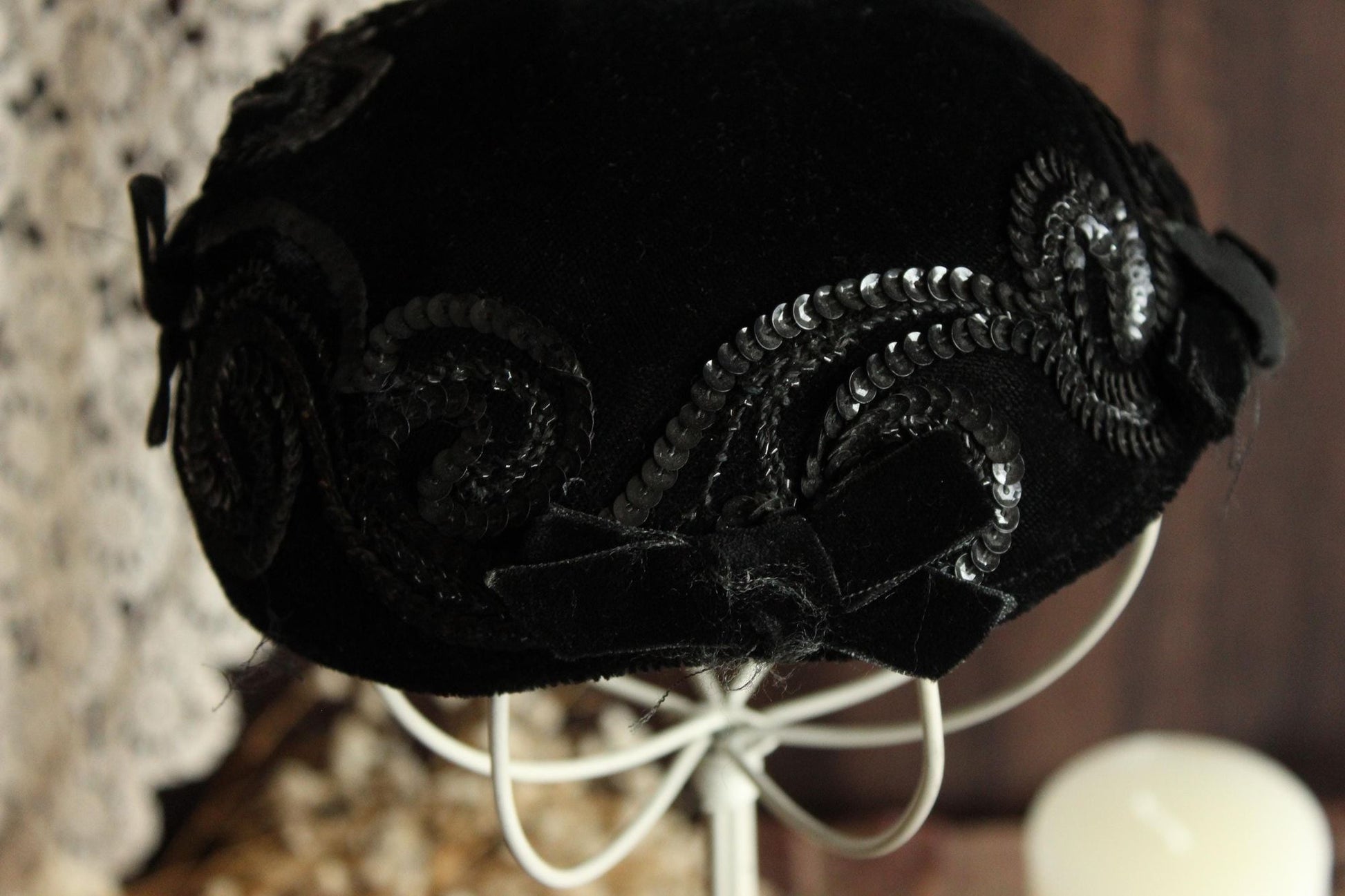 Vintage 1950s Hat, Black Velvet Hat With Bows and Sequins, Millinery