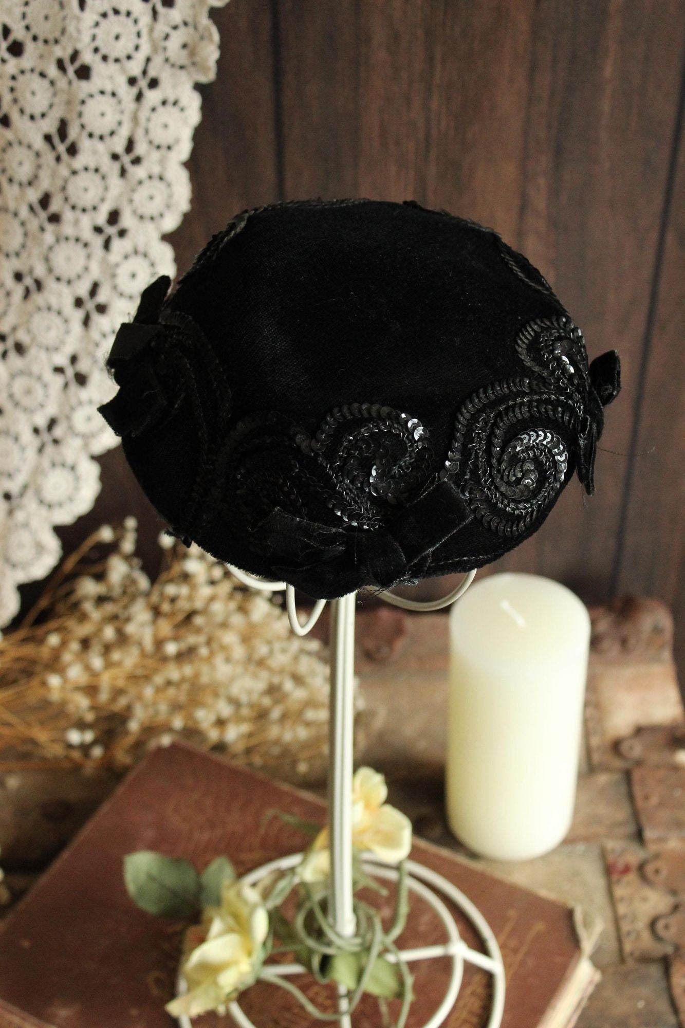 Vintage 1950s Hat, Black Velvet Hat With Bows and Sequins, Millinery