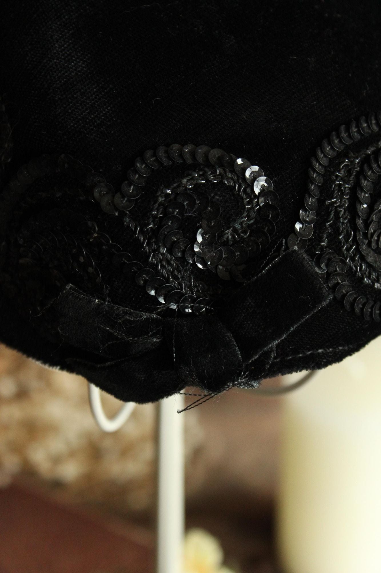 Vintage 1950s Hat, Black Velvet Hat With Bows and Sequins, Millinery