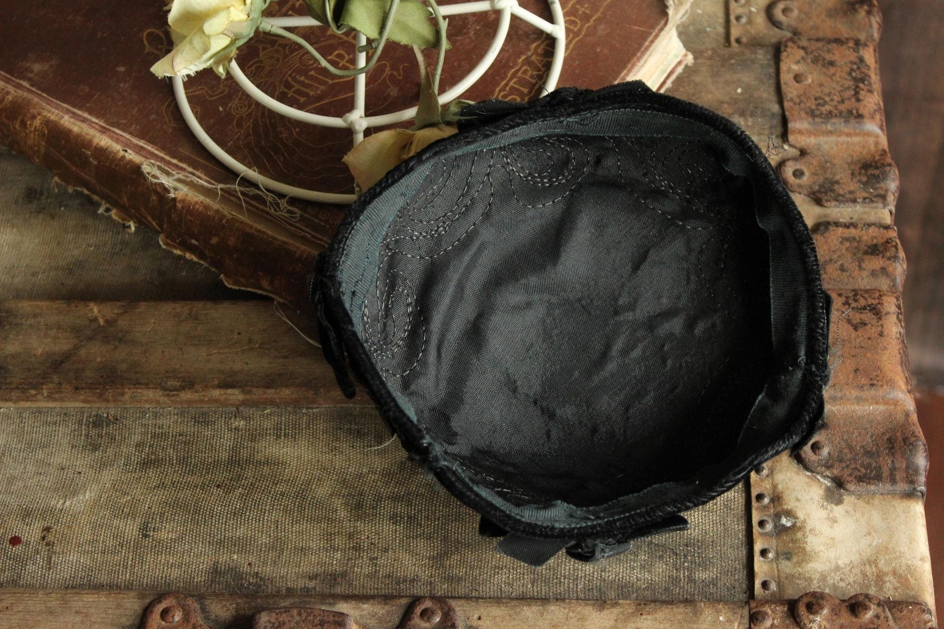 Vintage 1950s Hat, Black Velvet Hat With Bows and Sequins, Millinery