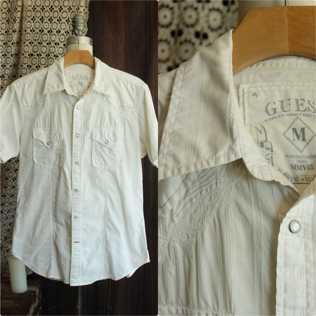 GUESS Mens Size M 2008 Western Pearl Snap Shirt Cream Embroidered Y2K Archive
