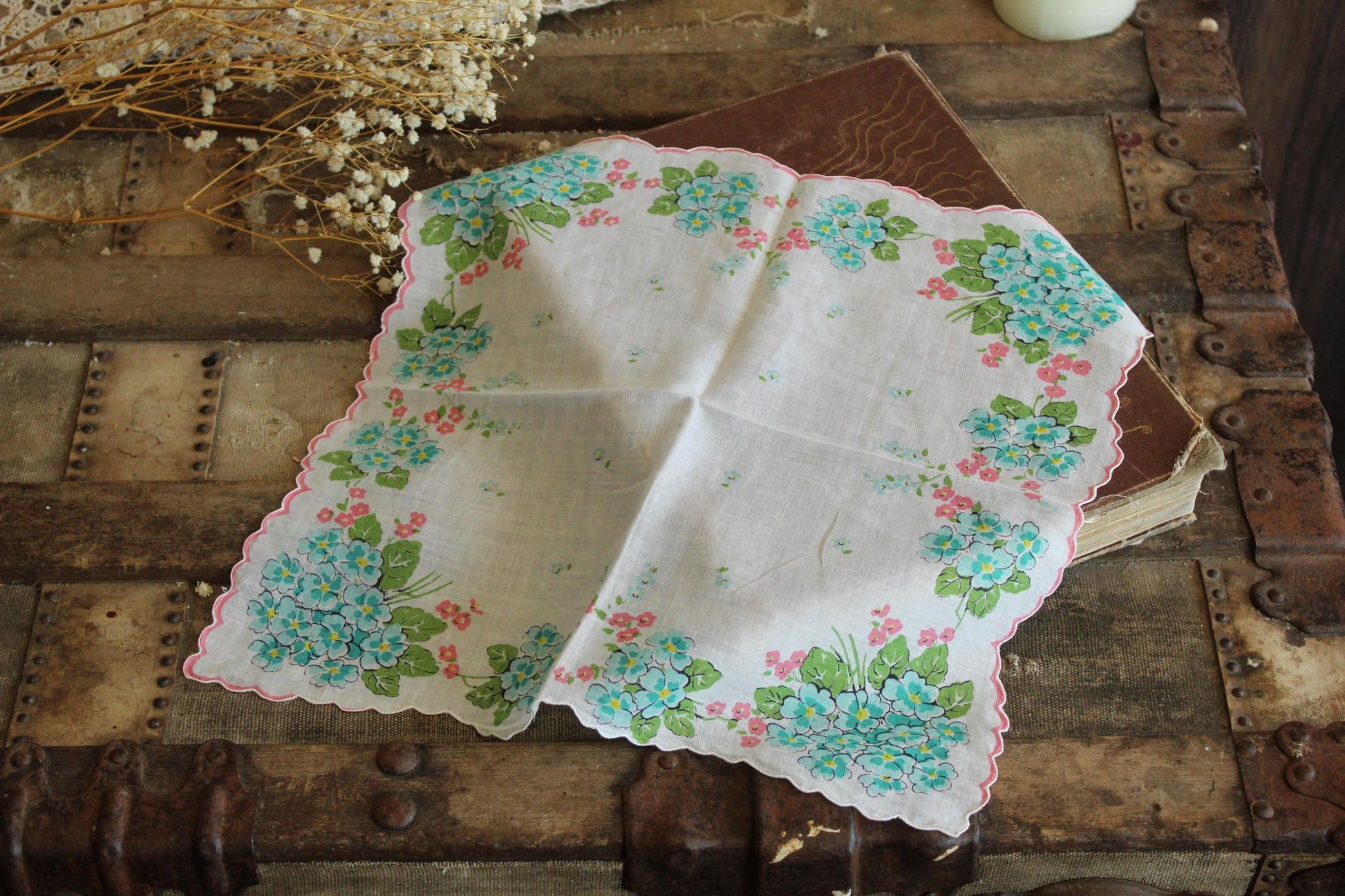 Vintage 1950s Handkerchief with Turquoise Blue Forget Me Nots