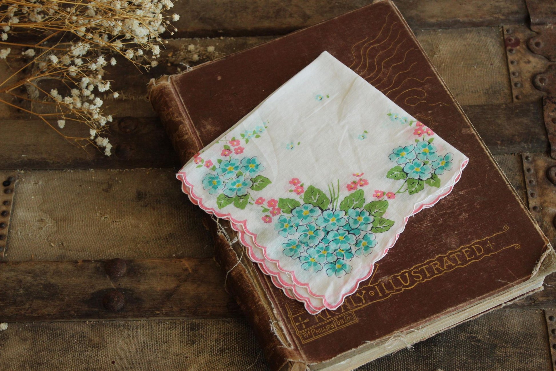 Vintage 1950s Handkerchief with Turquoise Blue Forget Me Nots