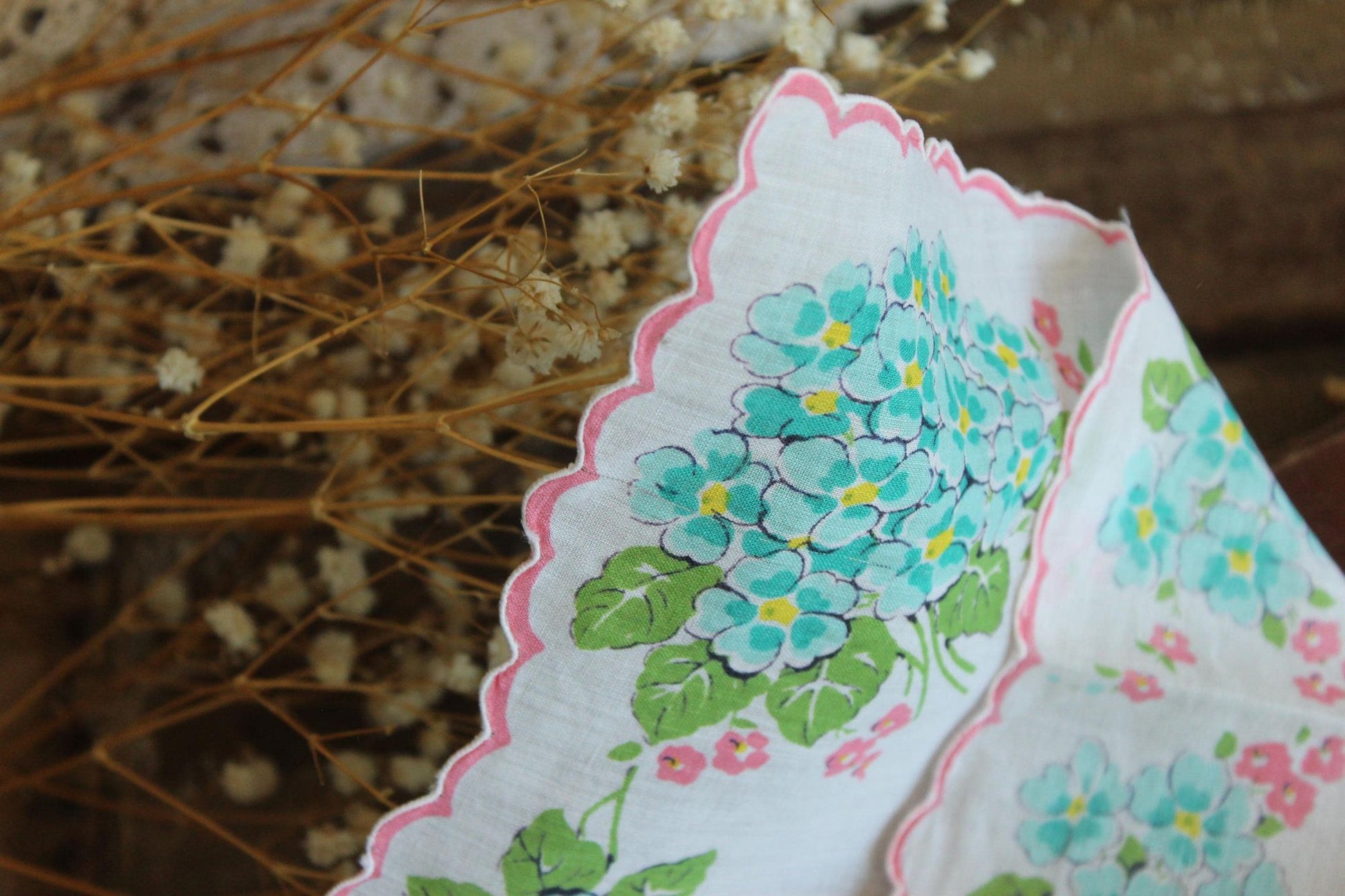 Vintage 1950s Handkerchief with Turquoise Blue Forget Me Nots