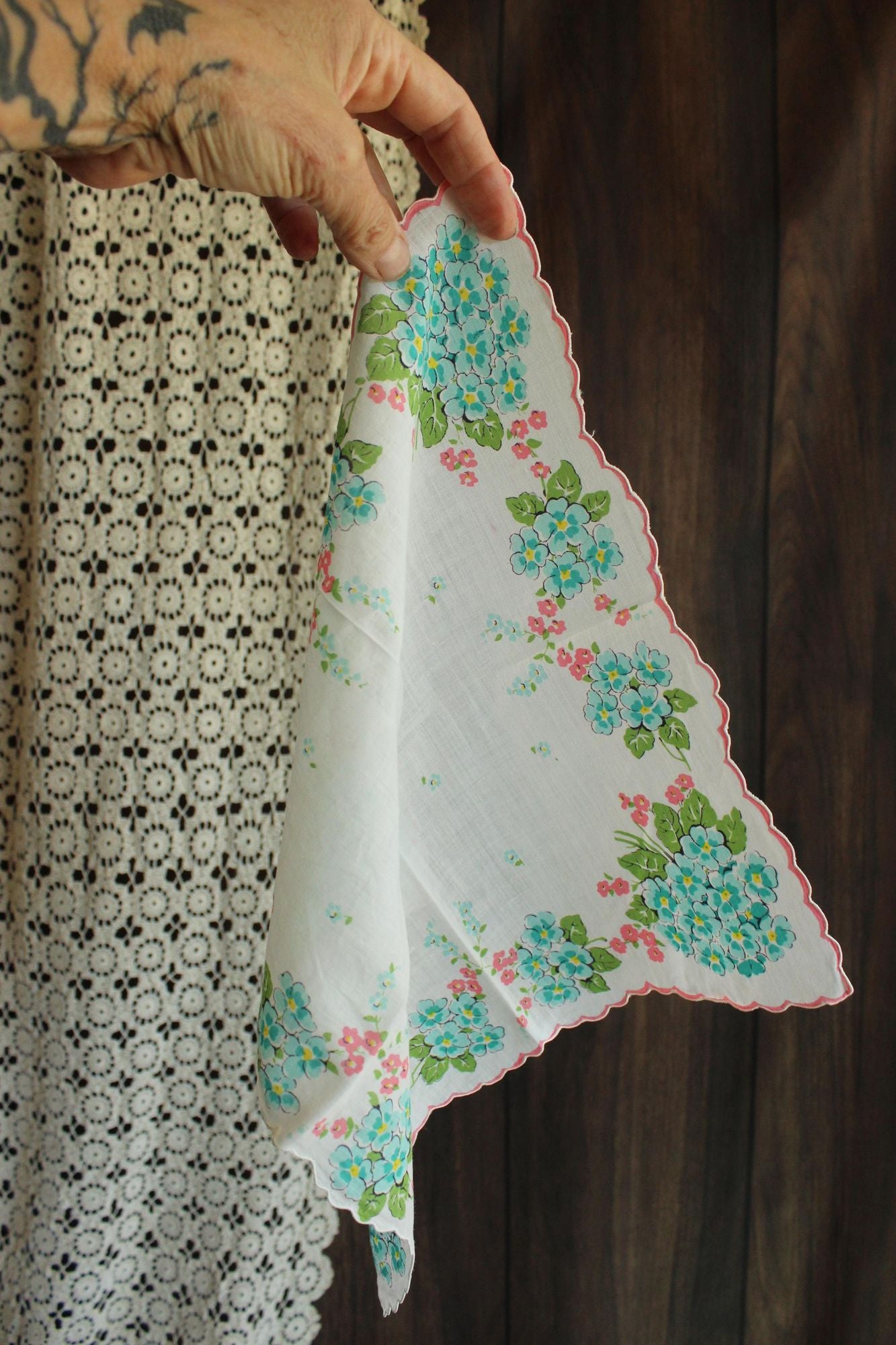Vintage 1950s Handkerchief with Turquoise Blue Forget Me Nots