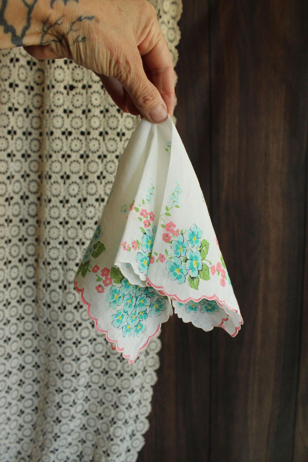 Vintage 1950s Handkerchief with Turquoise Blue Forget Me Nots