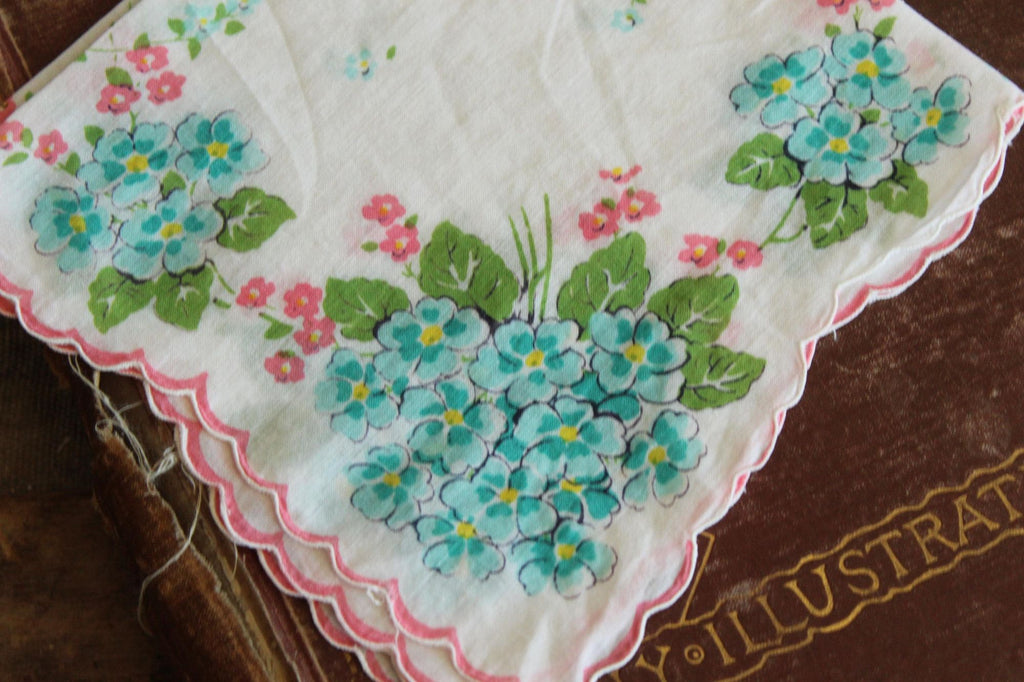 Vintage 1950s Handkerchief with Turquoise Blue Forget Me Nots