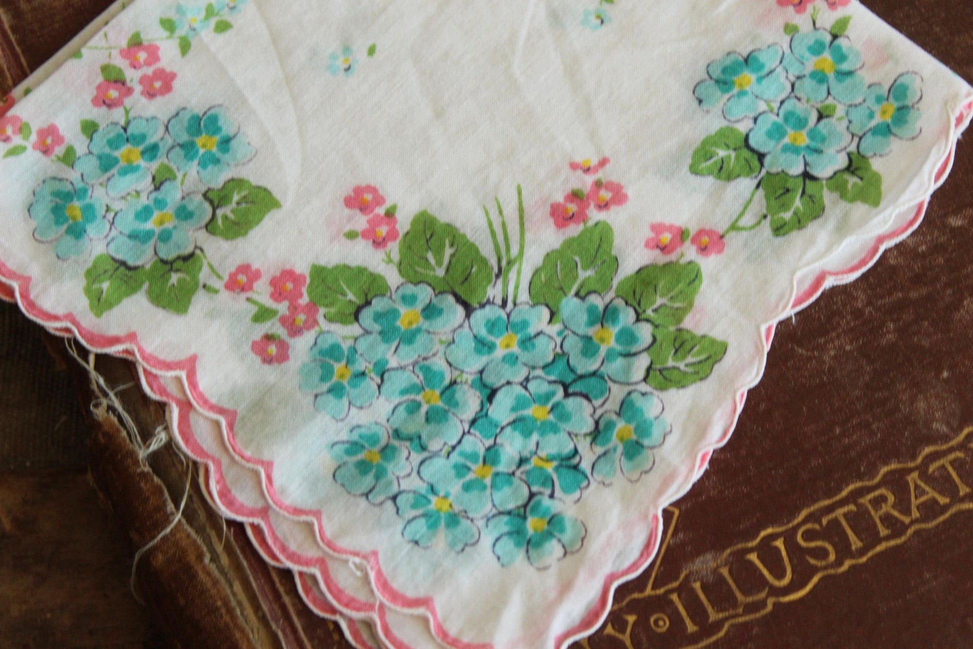 Vintage 1950s Handkerchief with Turquoise Blue Forget Me Nots