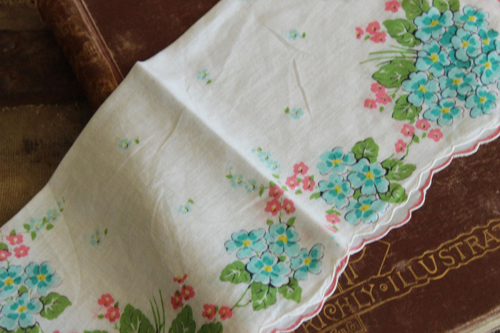 Vintage 1950s Handkerchief with Turquoise Blue Forget Me Nots