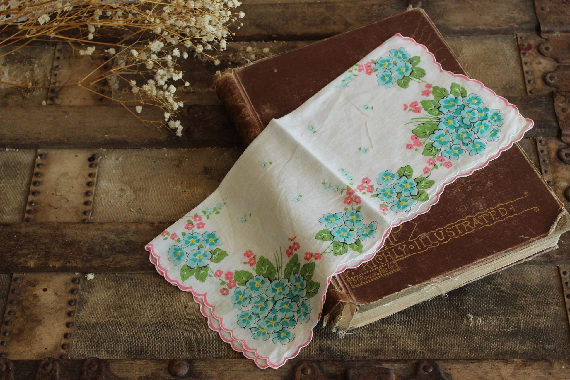Vintage 1950s Handkerchief with Turquoise Blue Forget Me Nots