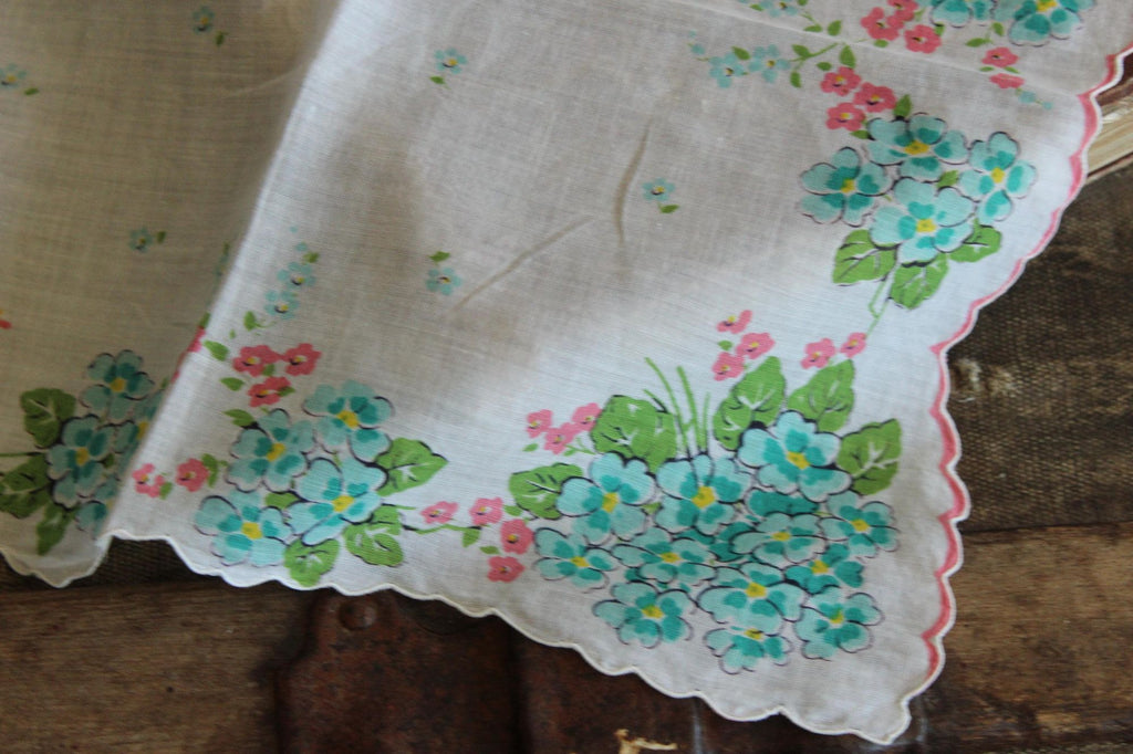 Vintage 1950s Handkerchief with Turquoise Blue Forget Me Nots