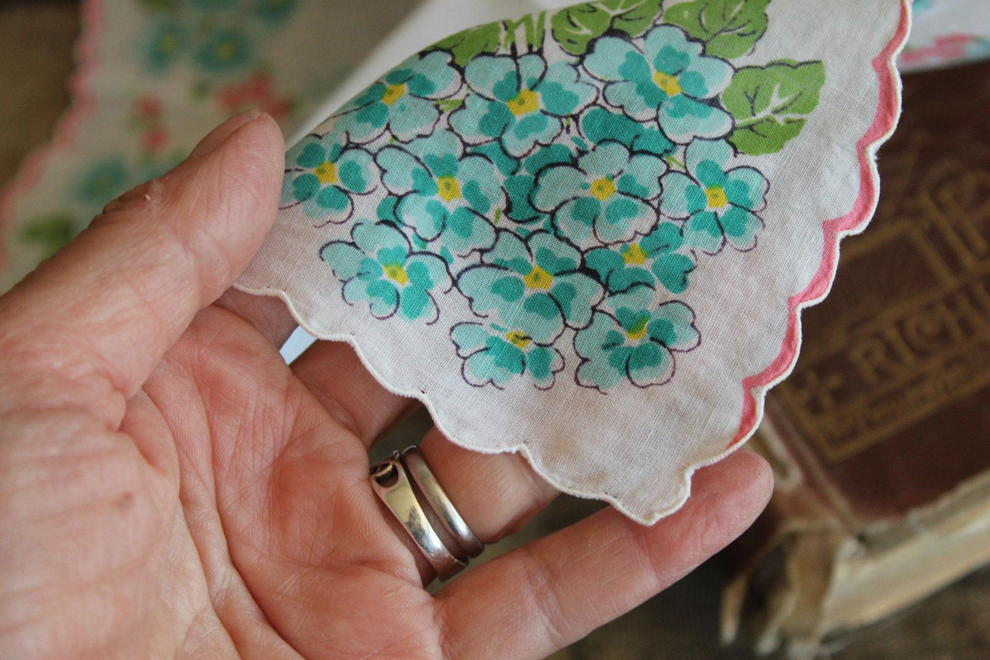 Vintage 1950s Handkerchief with Turquoise Blue Forget Me Nots
