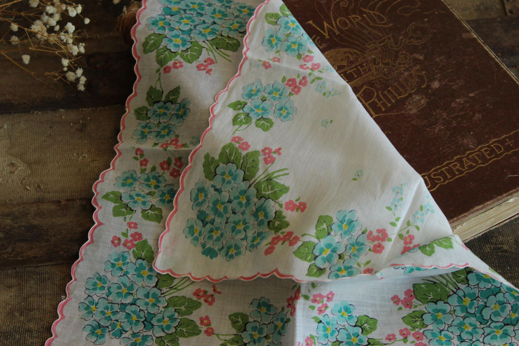 Vintage 1950s Handkerchief with Turquoise Blue Forget Me Nots