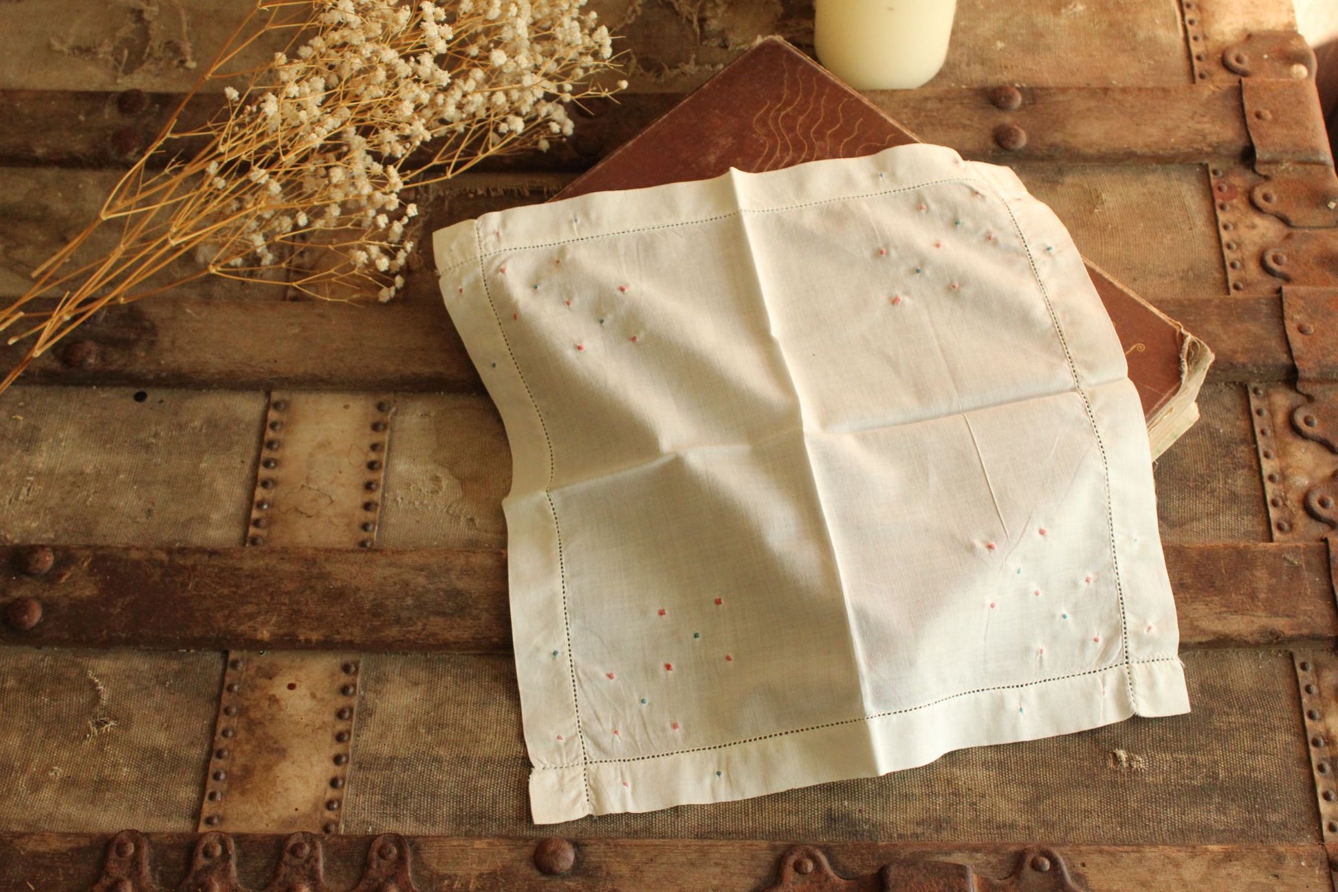 Vintage White Linen with Pink and Blue Swiss Dots Embroidered Hankie