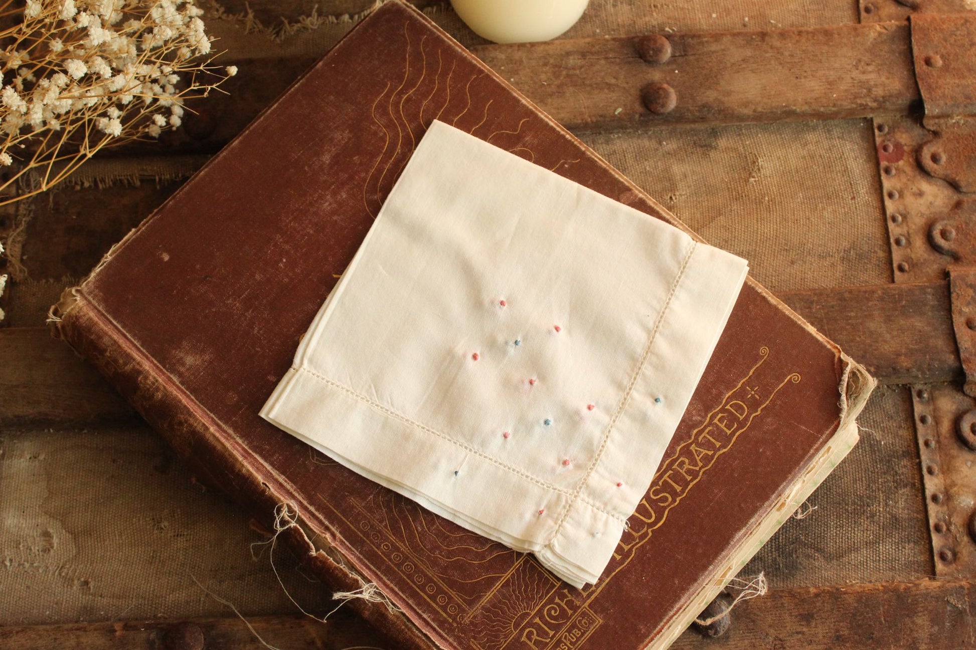 Vintage White Linen with Pink and Blue Swiss Dots Embroidered Hankie