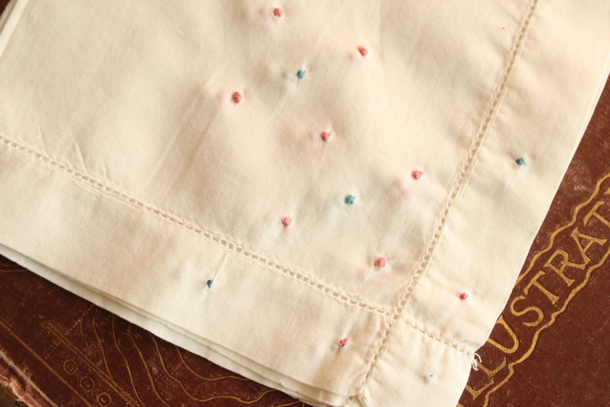 Vintage White Linen with Pink and Blue Swiss Dots Embroidered Hankie